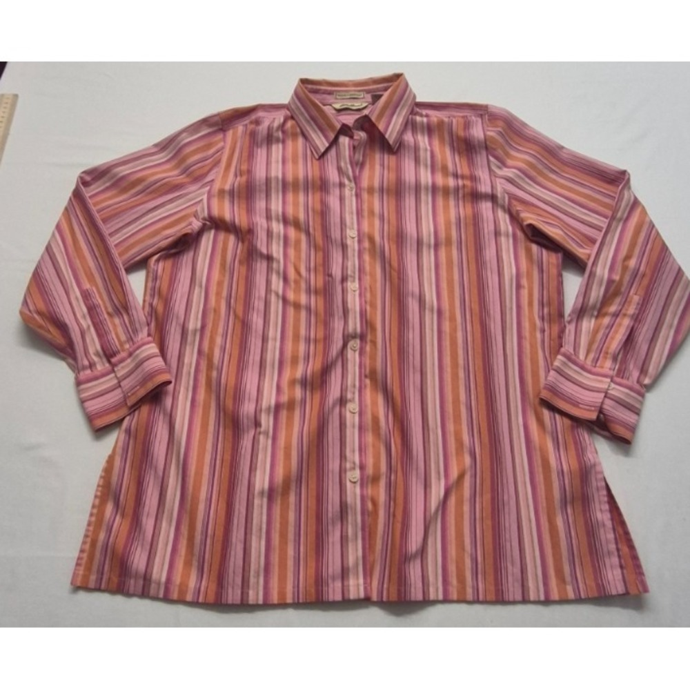 Eddie Bauer women's pink/red striped long sleeve button up shirt XL wrinkle free
